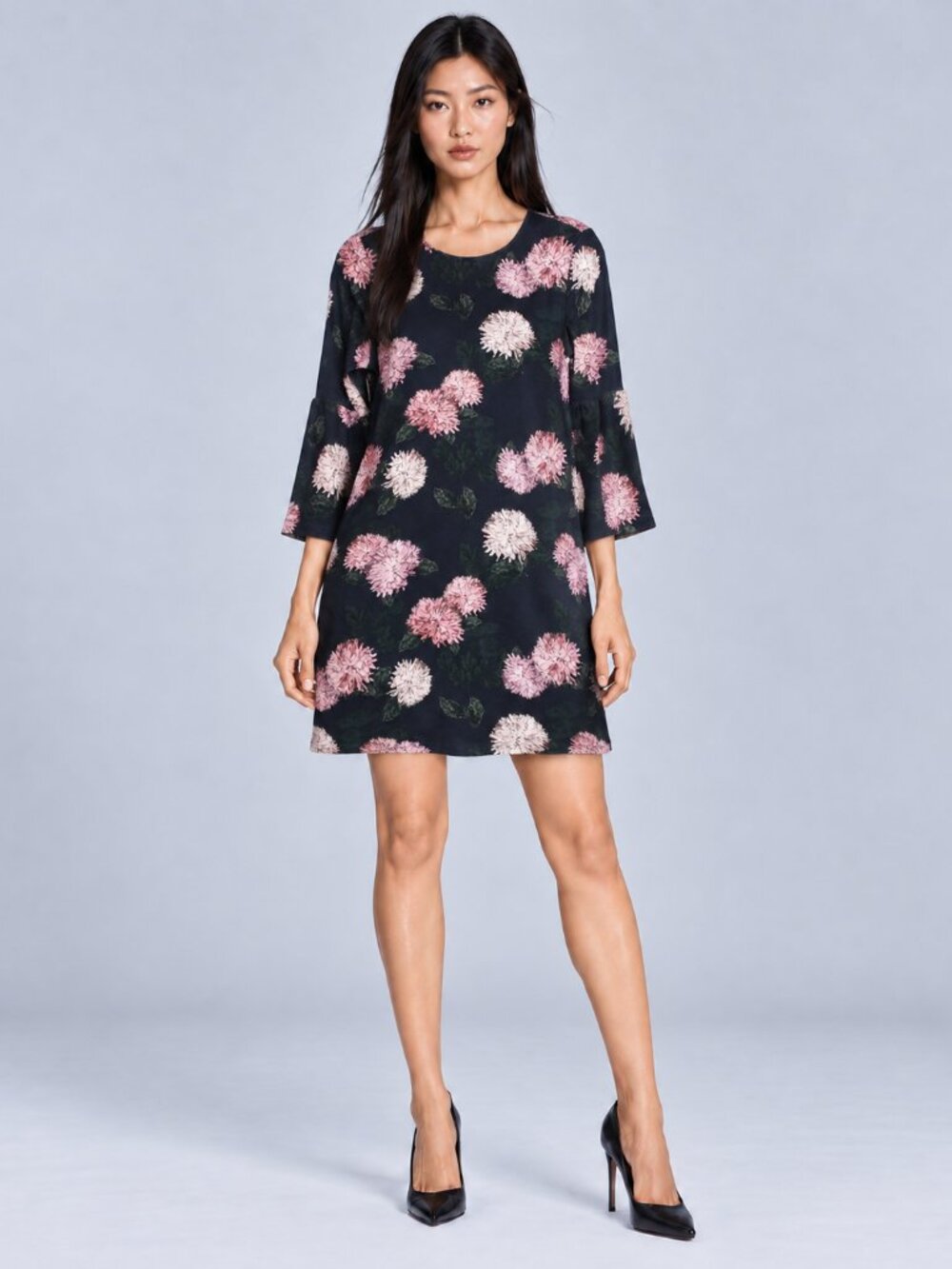 Icône by Simons Floral Dress P/S Navy Pink 3/4 Sleeves